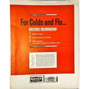 Bayer Aspirin "For Cold and Flu..." Vintage Print Ad 1963